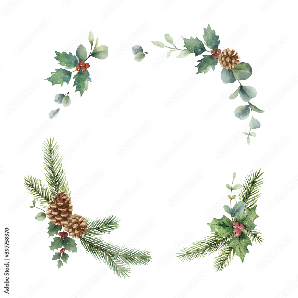 Watercolor vector Christmas wreath with fir branches, cones and eucalyptus.