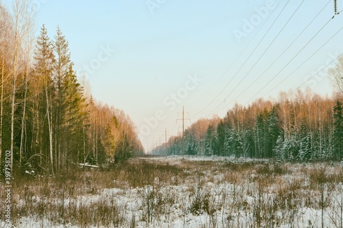 High-voltage power transmission line passing through a glade in the winter forest.