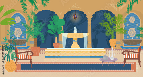 Flat Vector Illustration Of Arabian Palace Garden With Fountains, Tropical Plants, Archs, Lanterns, Armchairs, Table With Silver Tea Pot, Carpet. 