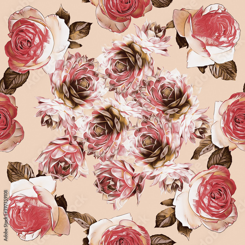 Rose flowers frame with cactuses seamless pattern.