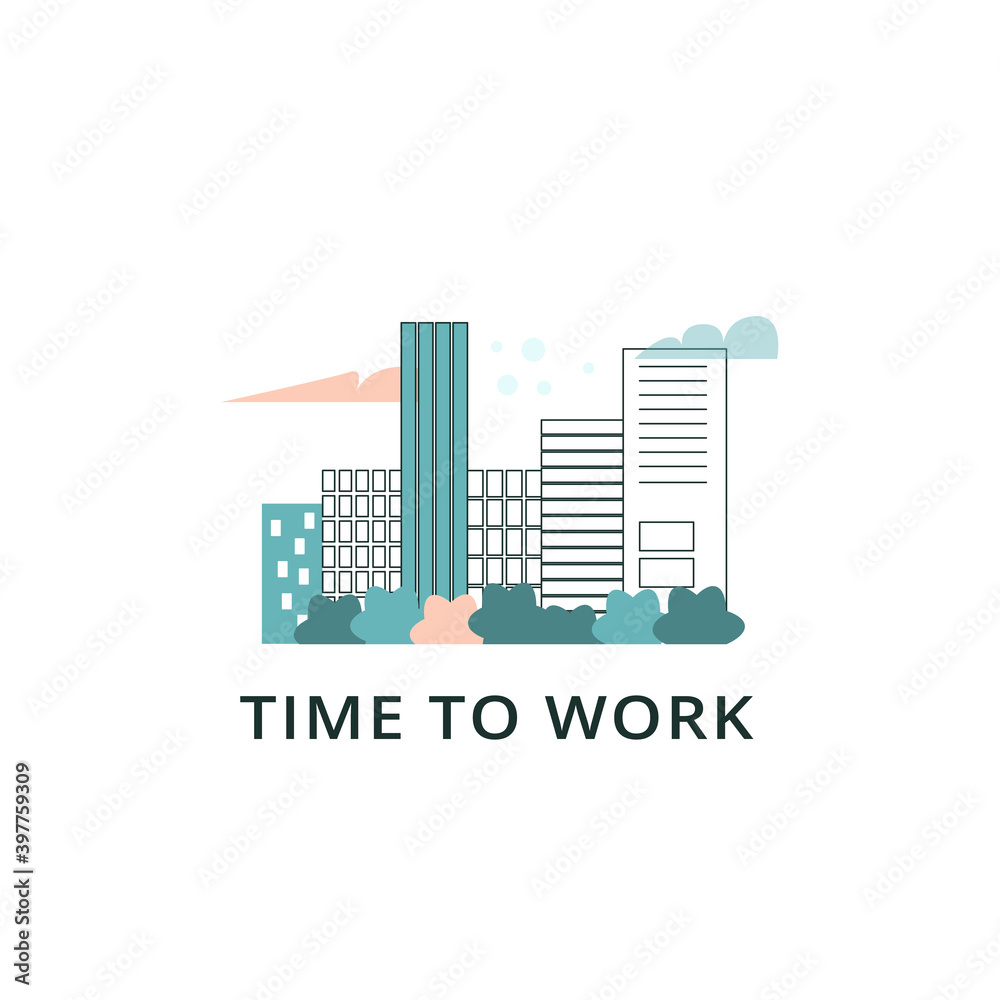 City skyline simple linear flat vector illustration isolated on white background for social media templates, poster design. Trendy urban building, architecture, skyscrapers. Time to work concept