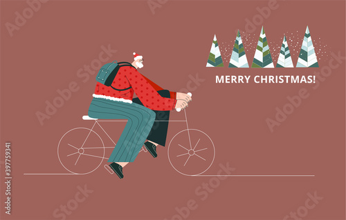 Santa Claus is cycling to work. Urban Father Christmas with backpack riding on bicycle. Trendy Santa on bike. Modern flat vector illustration with character for greeting card, banner, web template 
