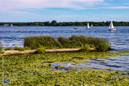 Panoramic view of Zegrzynskie Reservoir Lake and Narew river with yachts and boats in Zegrze resort town in Mazovia region, near Warsaw, Poland photo