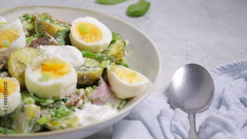 Traditional potato salad with bacon and eggs in white bowl. Picnic food concept. Traditional potato salad with bacon and eggs in white bowl. Picnic food concept.