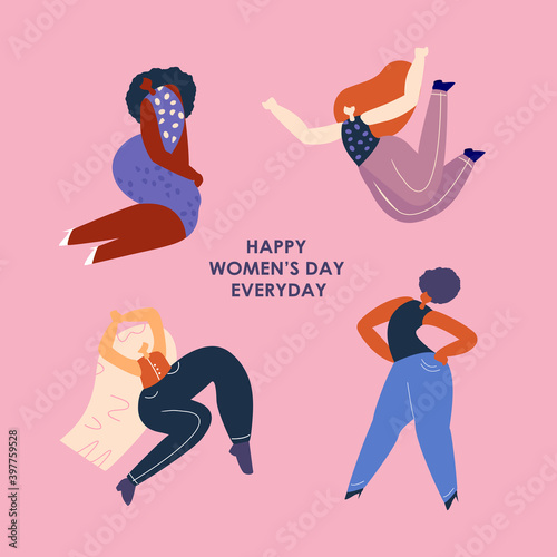 Happy International Woman Day.Feminism concept.Bright Beauty Different Dance Girls in Various Poses.Eighth March Congratulation. Free Confident Women.Feminine idea,Female Empowerment.Flat Illustration