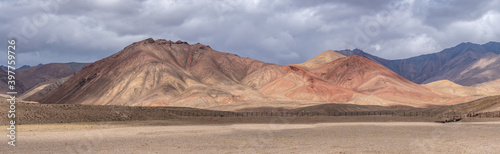 Panoramic view of colorful high altitude desert on the Pamir Highway between Murghab and Ak Baital pass, Gorno-Badakshan, Tajikistan along the China border photo