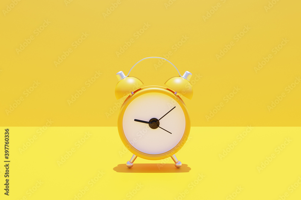 Minimalistic 3d rendering of yellow alarm clock. - obrazy, fototapety, plakaty 