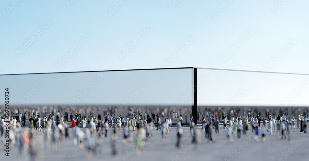 Groups of people behind two sides of glass wall.