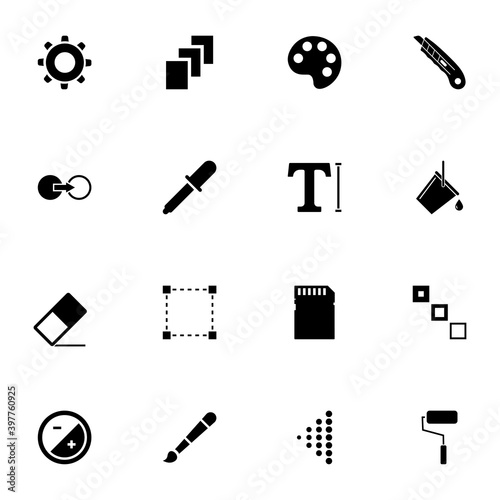 Image icon - Expand to any size - Change to any colour. Perfect Flat Vector Contains such Icons as tuning, palette, eraser, stationery knife, sd card, pipette, text format, fill layers, brush, roller.