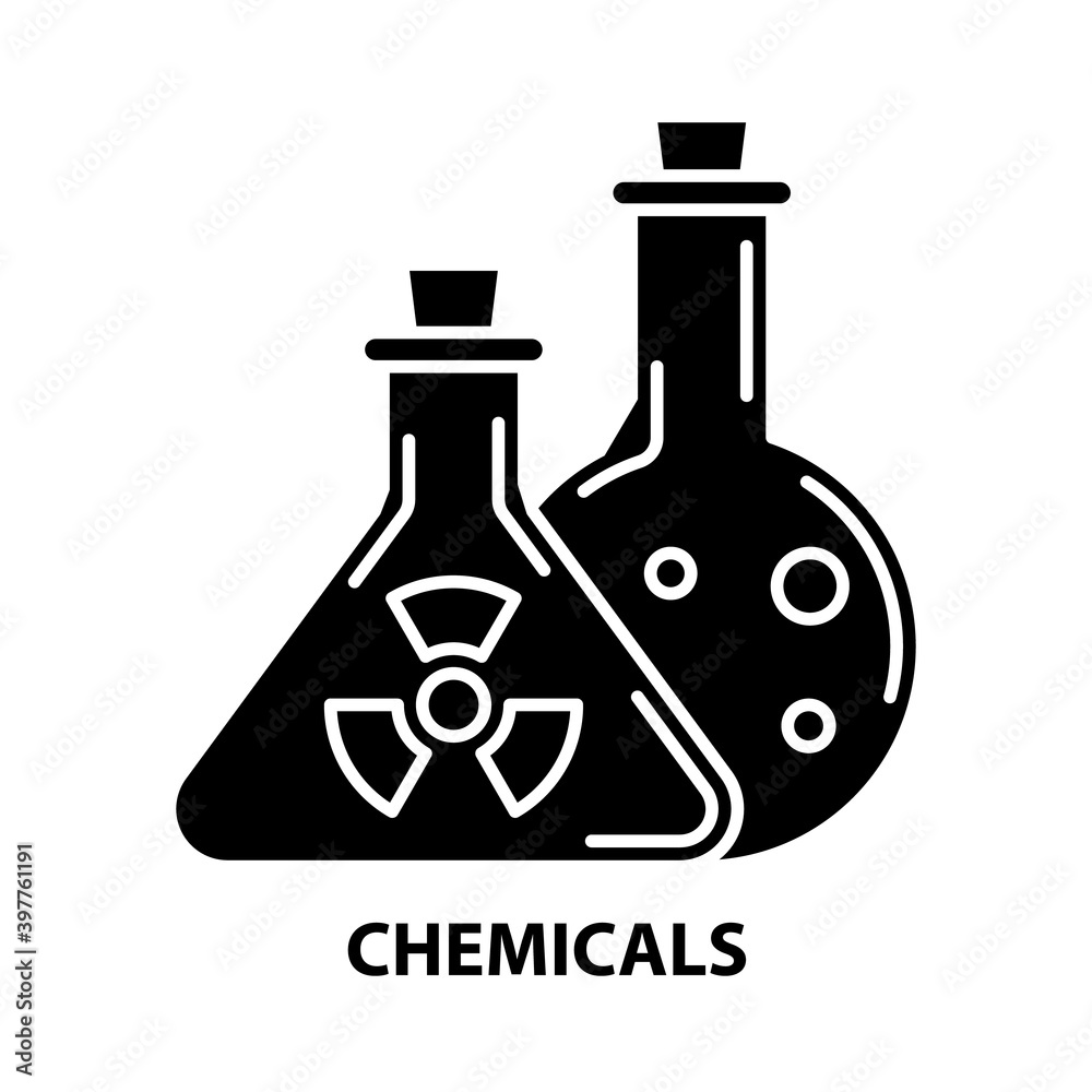 chemicals icon, black vector sign with editable strokes, concept illustration chemicals icon, black vector sign with editable strokes, concept illustration