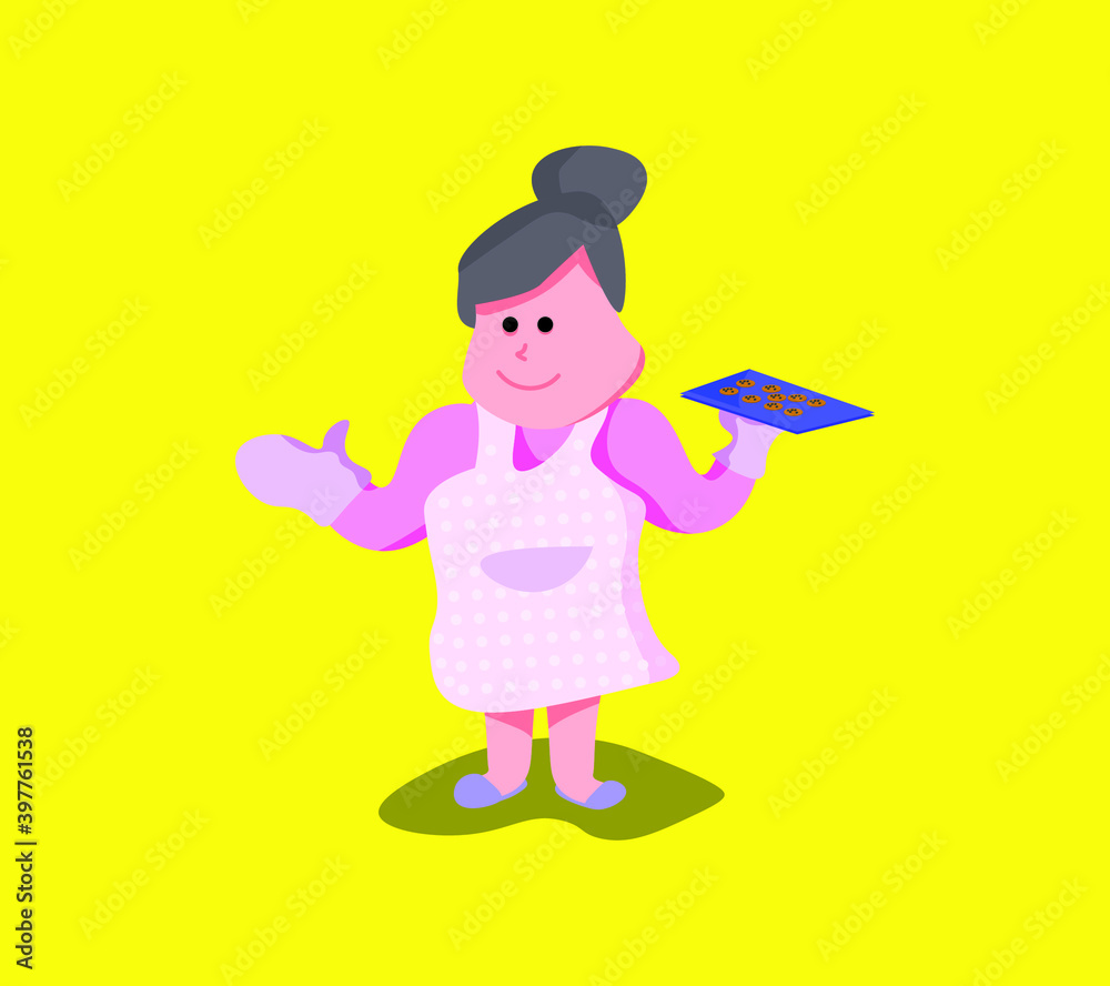 Mature Woman holding a cake pan flat cartoon illustrator