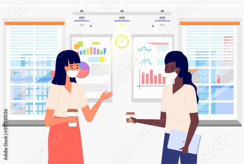 Young female characters are talking together. Positive communication of happy friends. People have a conversation. Girls drinking coffee and discussing at work. Masked women analyzing data in office