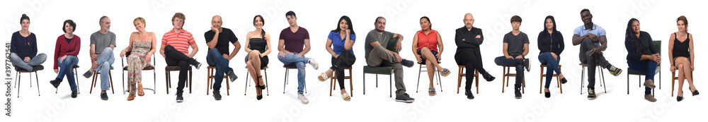 Obraz premium front view of a group of people wiith legs crossed on white background