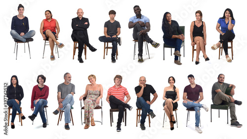 front view of a group of people wiith legs crossed on white background photo