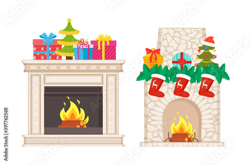 Fireplace decoration for Christmas atmosphere vector. Isolated icons of decor socks with reindeer print, pine tree with santa claus hat and gifts