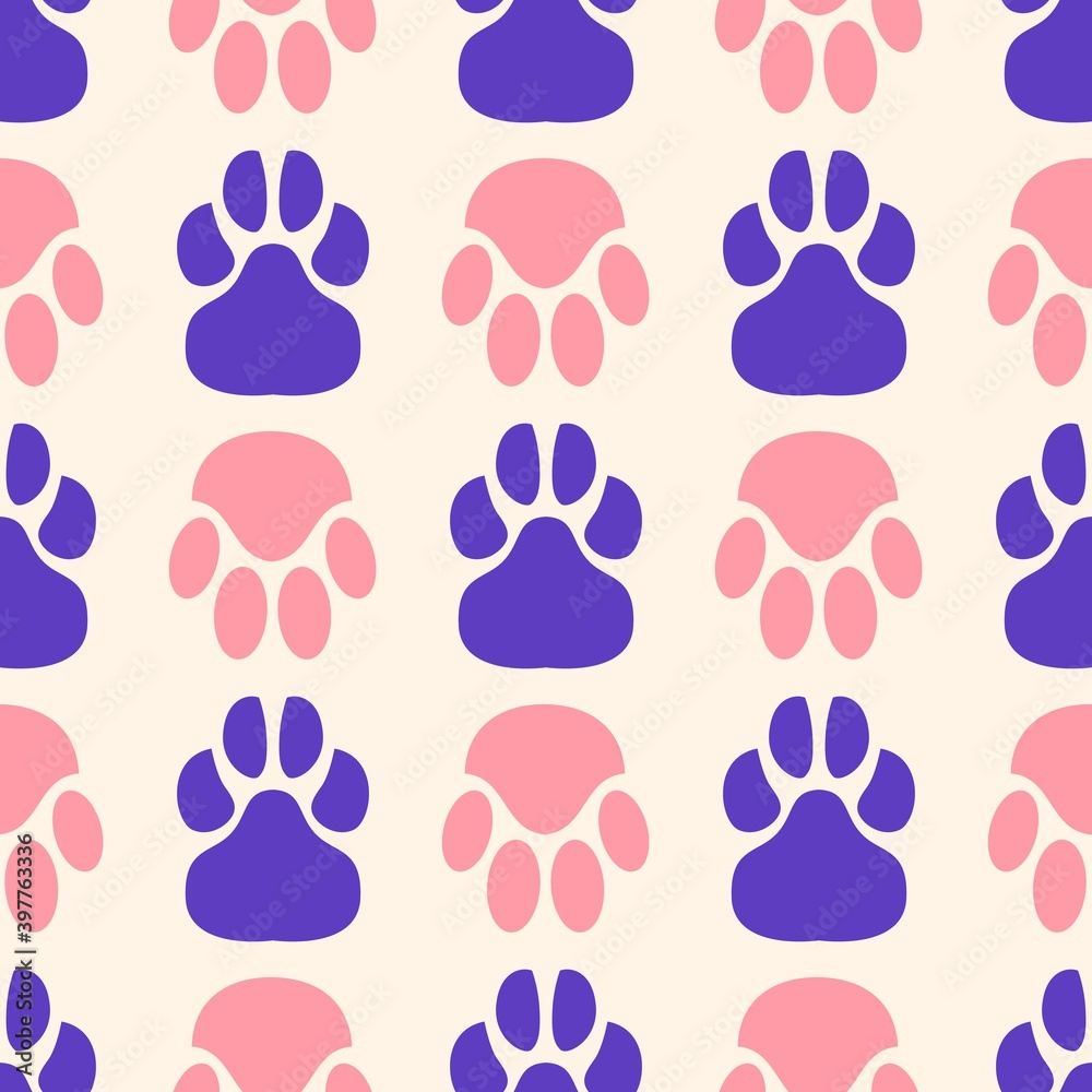 Seamless pattern of paw print. Trace of cat foot. Flat style. Vector illustration. Seamless pattern of paw print. Trace of cat foot. Flat style. Vector illustration.