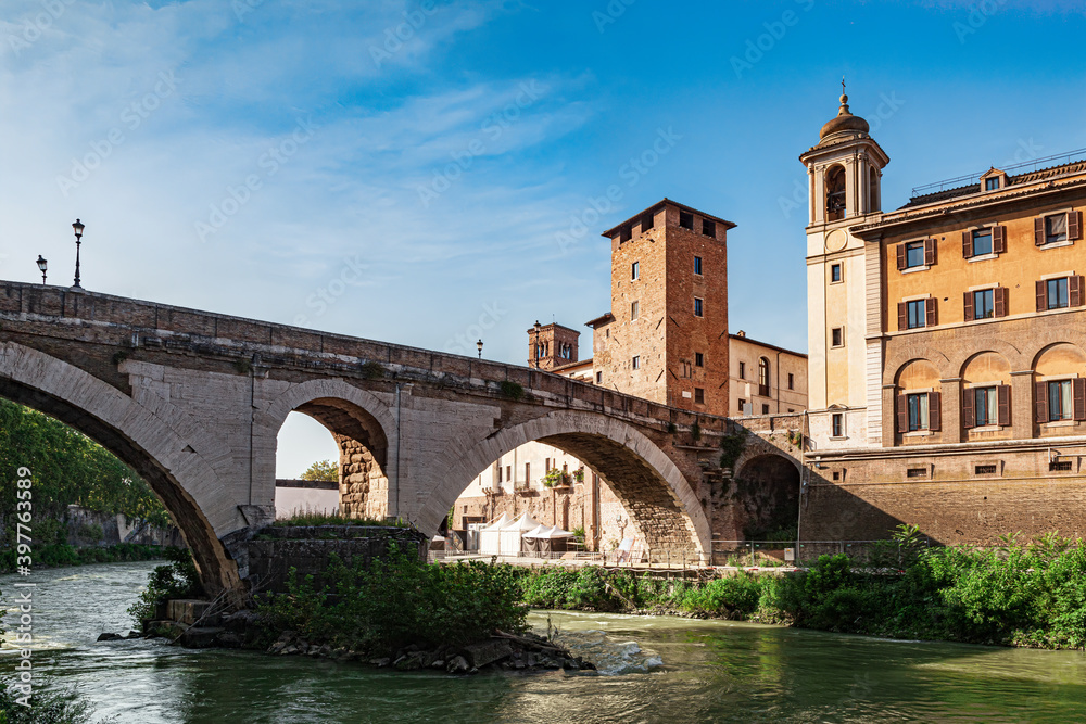 Ancient Fabricius bridge on the Tiber river, Rome, Italy