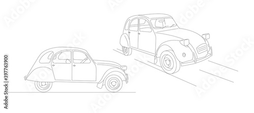 Line illustration of retro car in two views, side and perspective, simple linear graphic, realistic details
