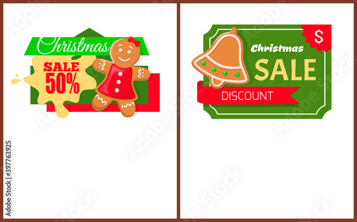 Christmas sale gingerbread woman and jingle bell cookie on labels  vector web pages templates with text samples. Christmas sites design with price tags