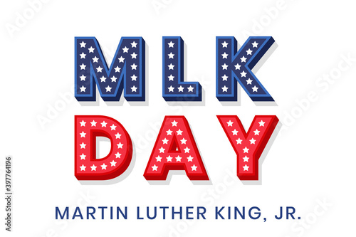 Martin Luther King Jr. decorative dimensional text design with stars. MLK day text template for greeting card, banner or flyer. Vector illustration for USA national holiday