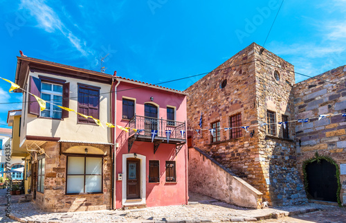 Colorful Houses view interior of Chios Town Castle in Chios Island of Greece © nejdetduzen