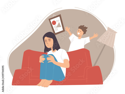 Depressed woman with sleepy eyes and happy son