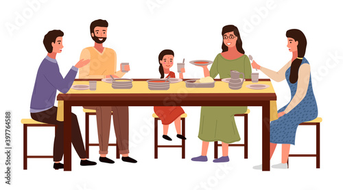 Dining room in indian style vector illustration. Dining table with pita and tomato soup. Arrangement of furniture. Family eating indian food. People in national costumes have dinner together