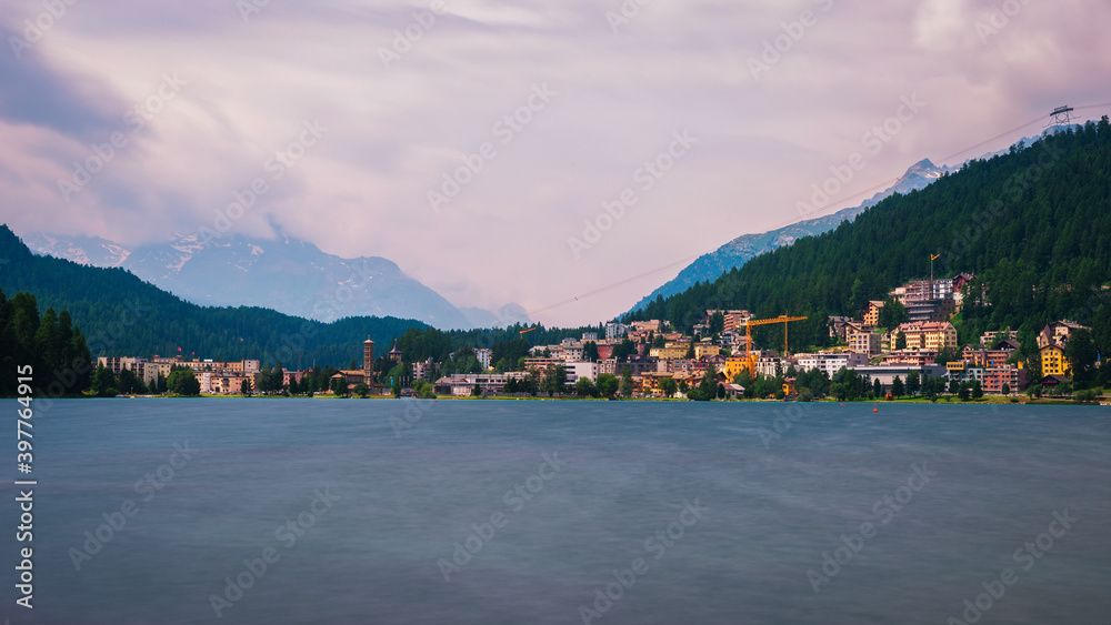 St. Moritz with lake called St. Moritzsee and Swiss Alps in Engadin, Switzerland