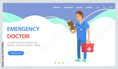Program landing page template. Treatment via the Internet. Application for communicating with doctor. Medical clinic worker holding document and first aid kit. Emergency doctor examines patient card