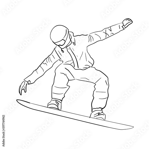 Vector image of a snowboarder. A quick sketch of an athlete who goes snowboarding in winter in the mountains. Black and white drawing of a snowboarder on a board in flight