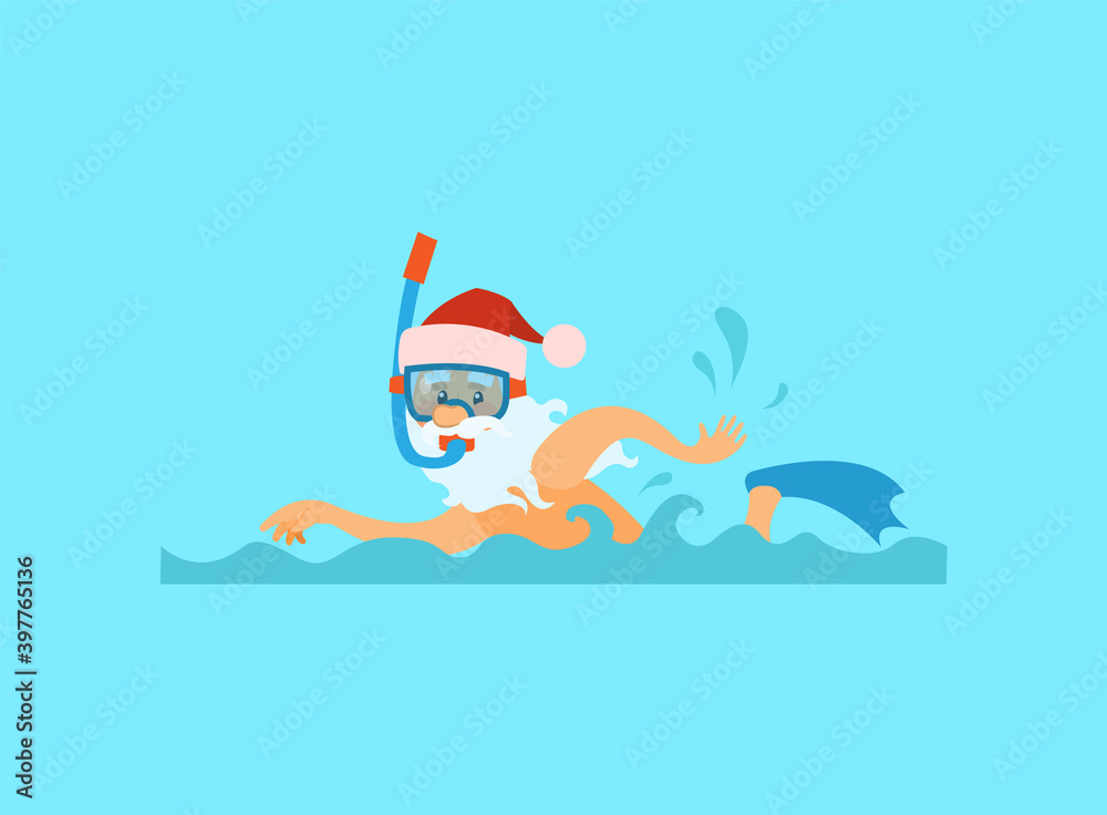 Santa Claus swimming in diving mask and red hat with pompom, New year character on summer holidays vector isolated on blue. Water splashes and eldery man