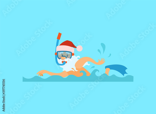 Santa Claus swimming in diving mask and red hat with pompom, New year character on summer holidays vector isolated on blue. Water splashes and eldery man