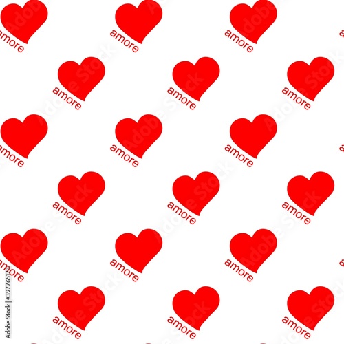 Vector seamless pattern of hearts and words amore. Hearts are symbols of love painted with bright red color. Romantic background.
