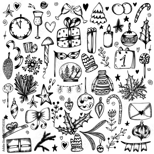 Large New Year's set of doodles in the style of hand-draw. Christmas tree, glass, alcohol, gifts, tangerines, Christmas toys, envelope, lollipop, sweater on an isolated white background. Vector.