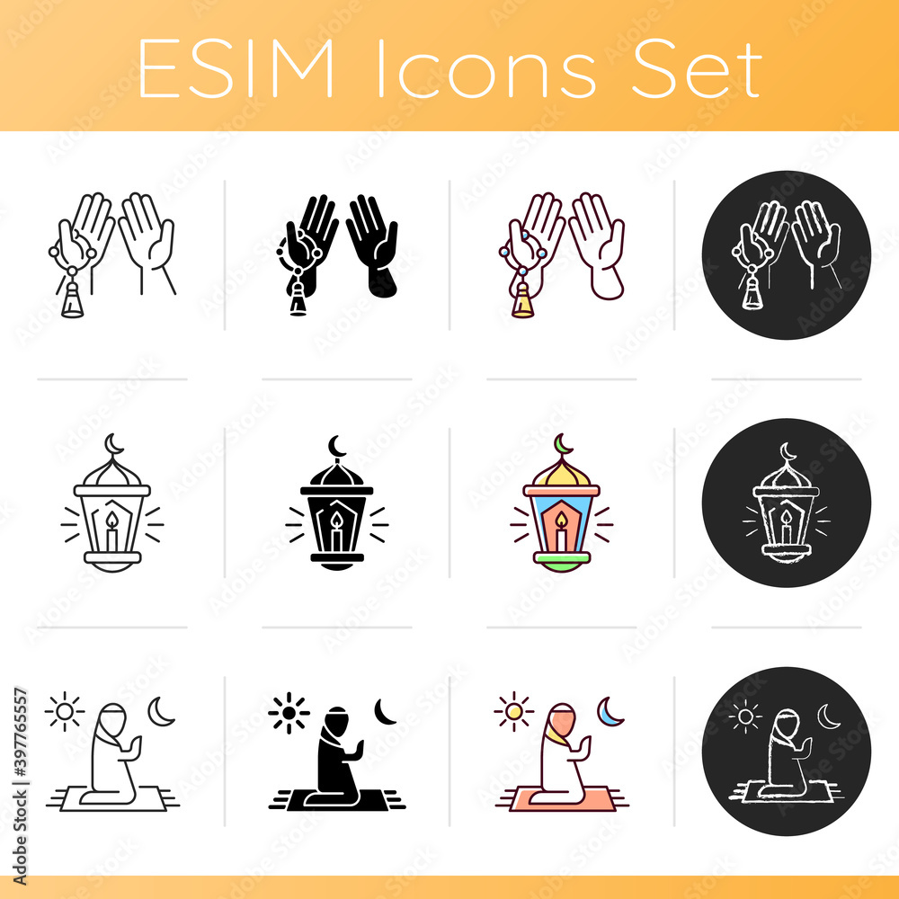 Traditional muslim symbols icons set. Strong desert camel. Praying hands with religious rosary thing. Ramadan traditions. Linear, black and RGB color styles. Isolated vector illustrations
