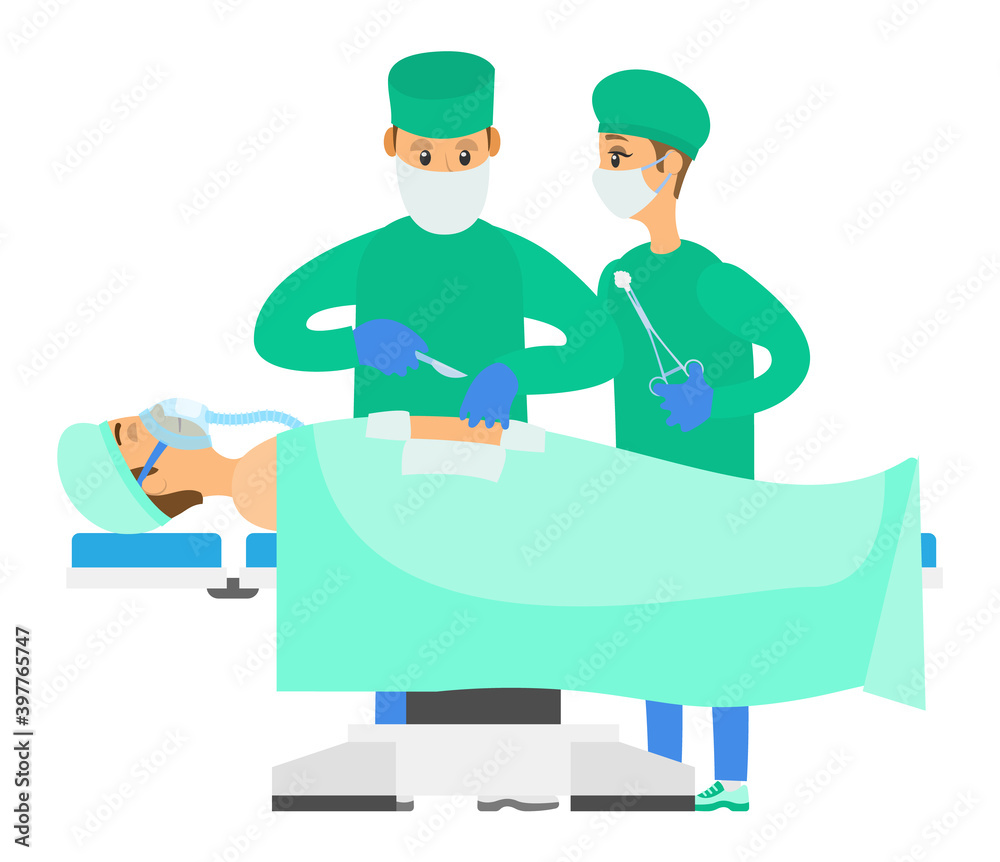 The man makes an incision with a scalpel. The girl is holding a tampon. Medical operation isolated on white background. A team of doctors work with the patient. Surgeons perform an operation The man makes an incision with a scalpel. The girl is holding a tampon. Medical operation isolated on white background. A team of doctors work with the patient. Surgeons perform an operation