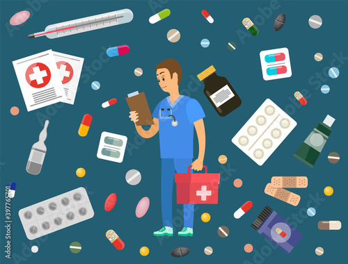 Medical clinic worker holding document and first aid kit. Emergency doctor examines patient information. Paramedic prepares to go on emergency call. Man in blue uniform surrounded by medical supplies