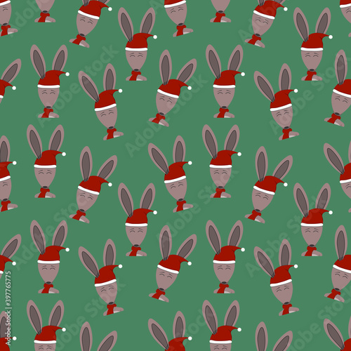 vector seamless pattern with New Year hare on a green background