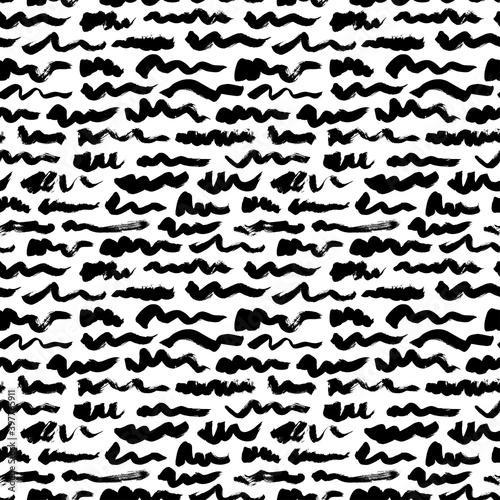 Wavy and swirled brush strokes vector seamless pattern. Black paint freehand scribbles  abstract ink background. Horizontal brushstrokes  smears  lines  squiggle pattern. Abstract wallpaper design