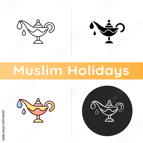 Lamp oil icon. Ramadan traditional item. Everyone is keeping fire in house. Religious traditions. Interesting ritual. Linear black and RGB color styles. Isolated vector illustrations