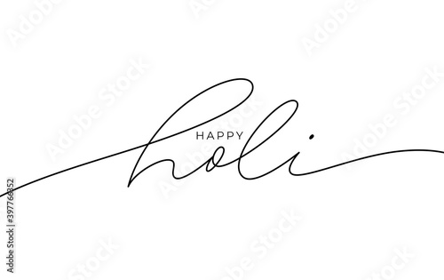 Happy Holi hand drawn vector lettering. Line style modern calligraphy with swooshes. Spring festival of colors vector lettering design. Handwritten pen calligraphy of Happy Holi on white background