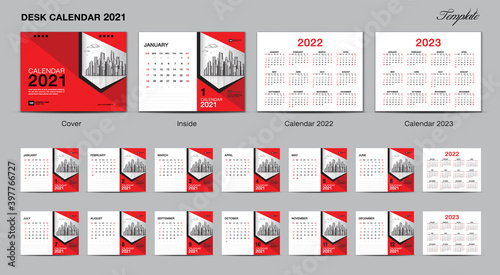Set Desk Calendar 2021 template design vector, Calendar 2022-2023, Red cover design, Set of 12 Months, Week starts Sunday, Stationery design, flyer
