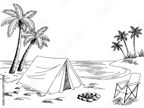 Camping sea coast graphic black white landscape sketch illustration vector