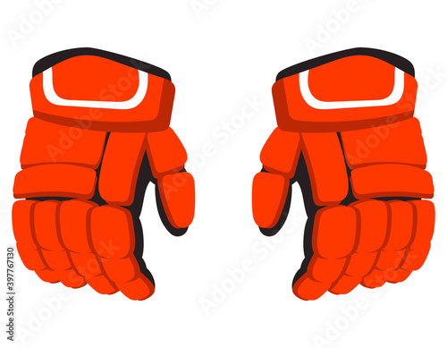 Red hockey gloves. Sport equipment in cartoon style.