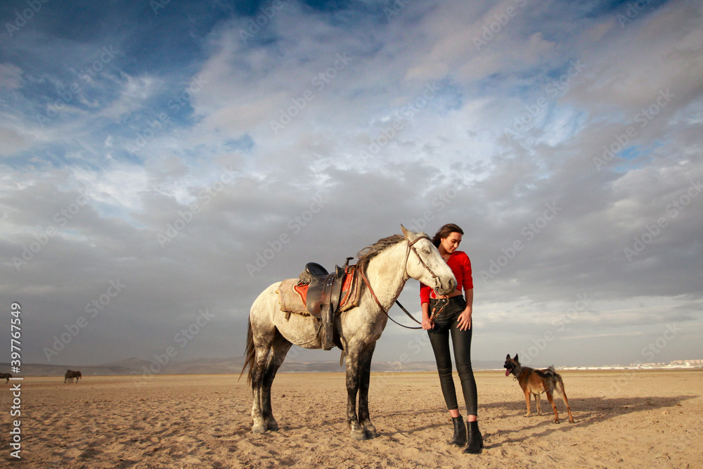 white horse and beautiful young woman. Fashion model with her white horse,