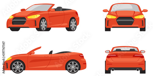 Cabriolet in different angles. Red automobile in cartoon style.