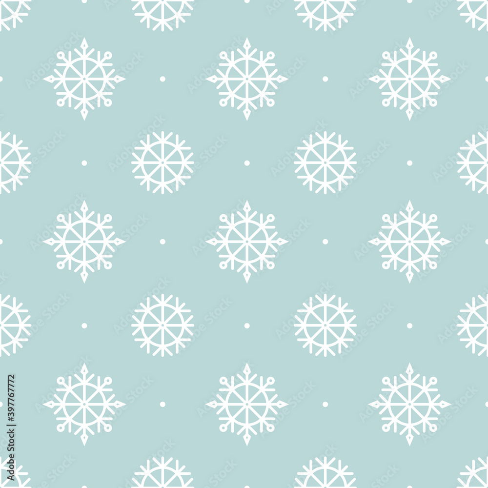 White snowflakes on a blue background. Christmas texture for wrapping paper. Winter background. New Year design elements.