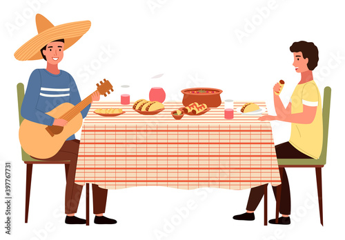Dining table with tacos and burritos. Man in a sombrero is playing the guitar. Guys are eating mexican food. People in national costumes have dinner together. Relatives isolated on white background