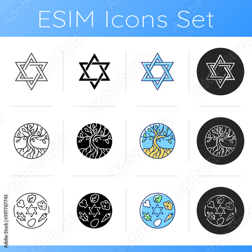 Judaism signs icons set. David star. Life tree. Passover Seder plate. Six-pointed geometric star. Earth and heaven connection. Linear, black and RGB color styles. Isolated vector illustrations