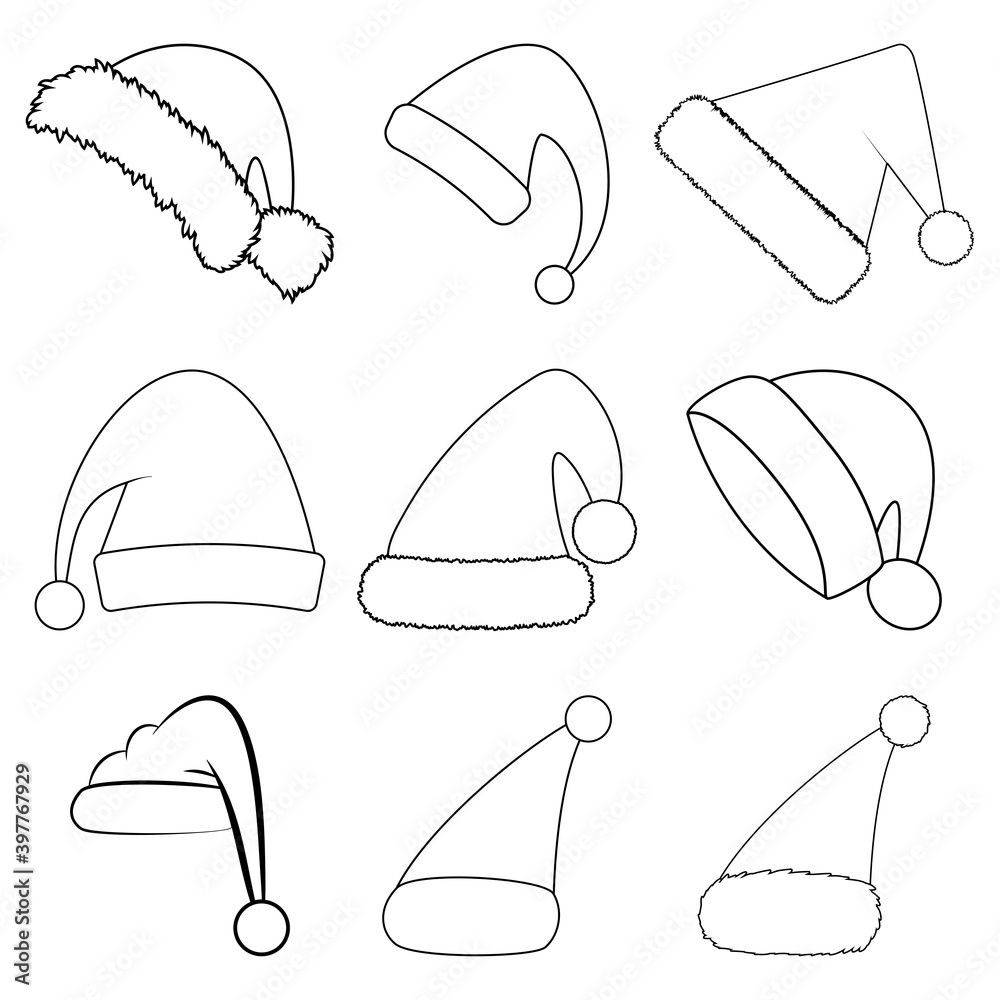 Santa christmas hat outline set. Contour shape collection of santa claus hat. Santa cap icon